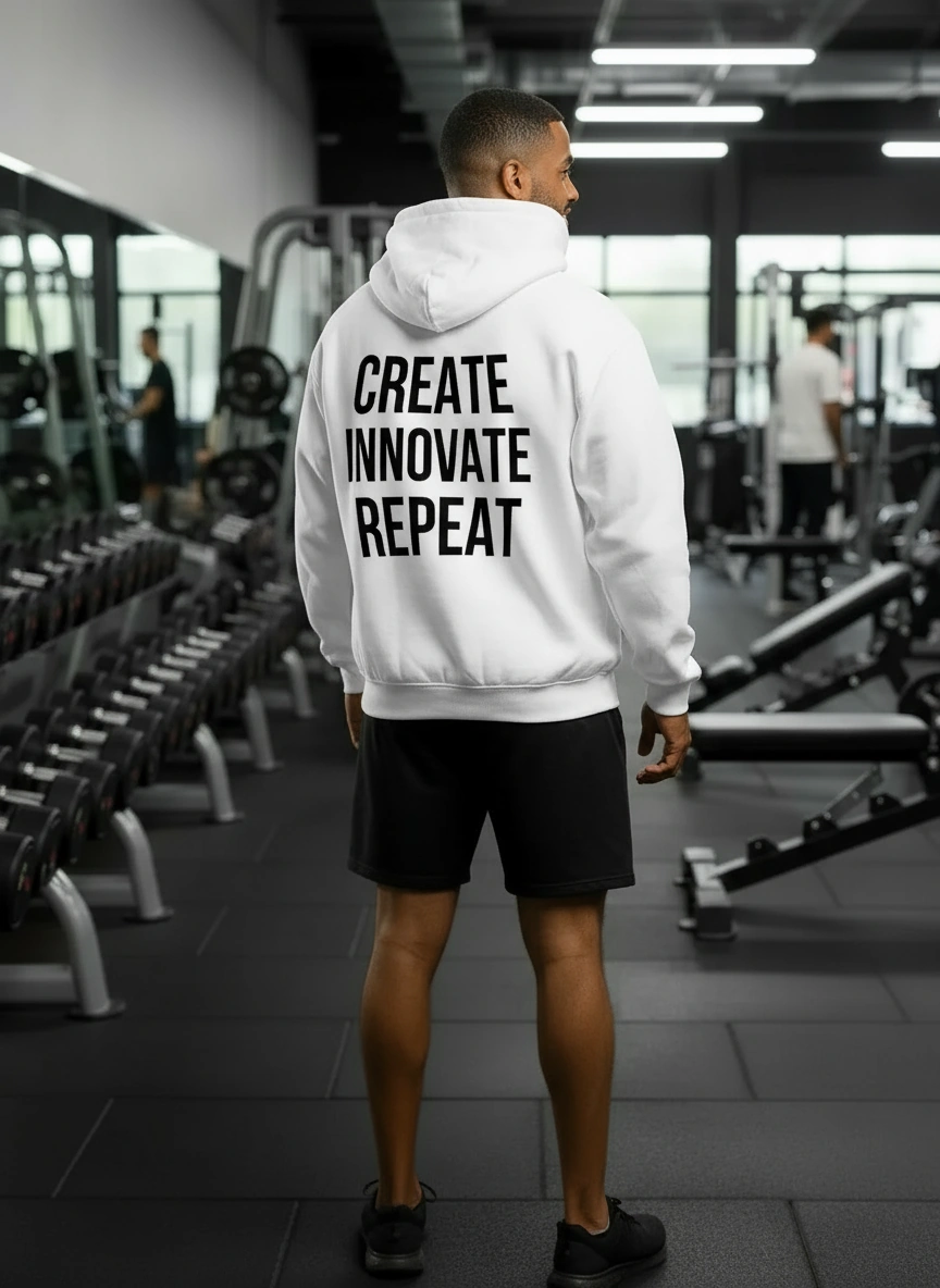 Man wearing white IxA Hoodie with text "CREATE. INNOVATE. REPEAT" in black lettering.