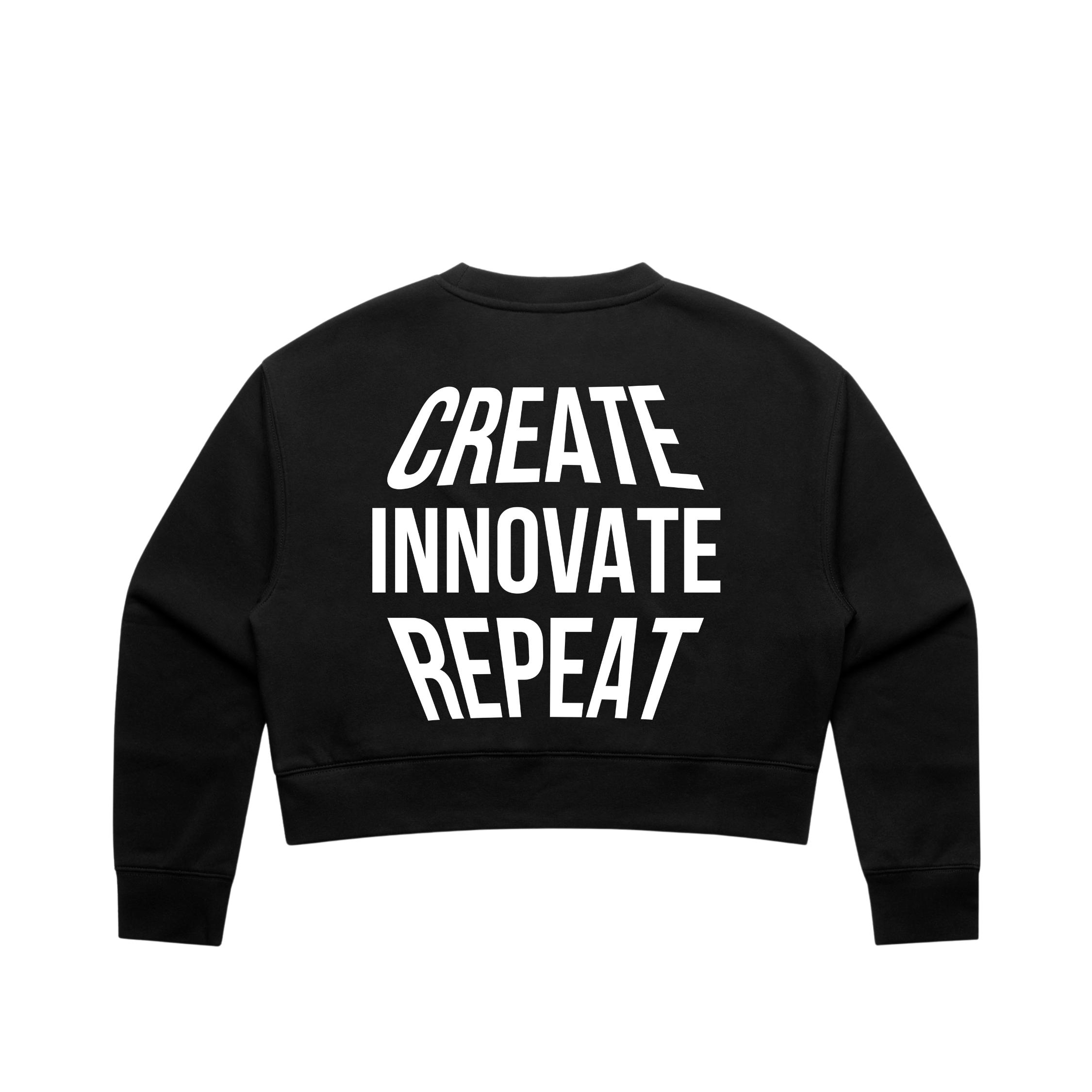 Black crop sweatshirt with 'CREATE INNOVATE REPEAT' text on a white background