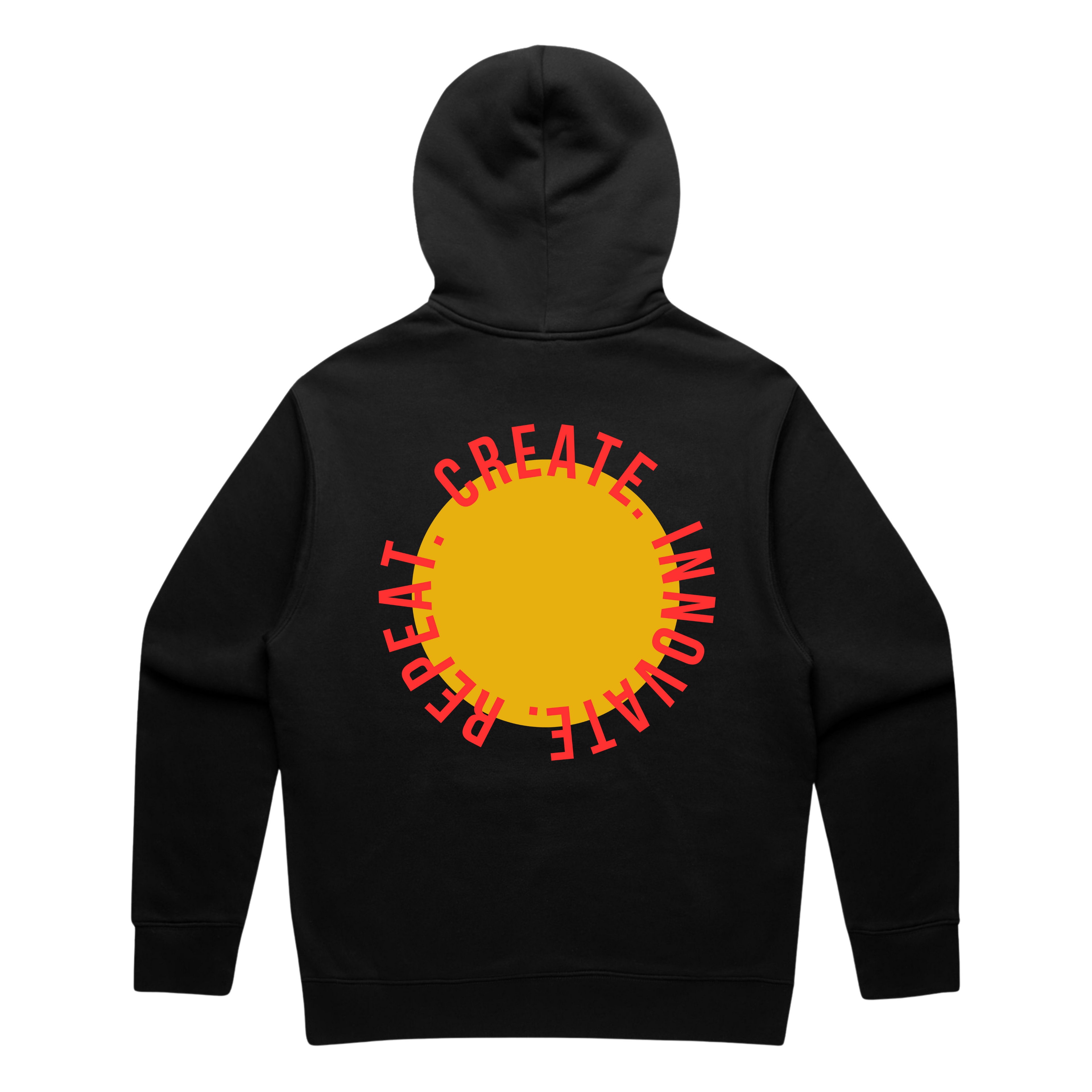 Black hoodie with red text 'CREATE INNOVATE REPEAT' on a white background