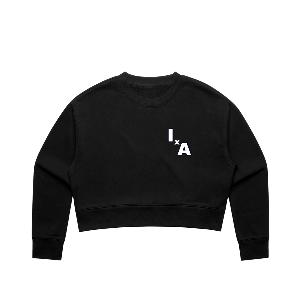 Black crop sweatshirt with 'IA' logo on a white background