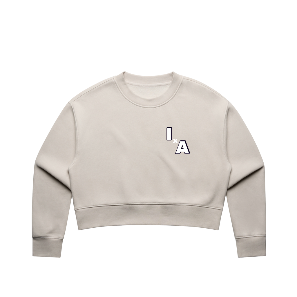 Bone crop sweatshirt with 'IA' logo on a white background