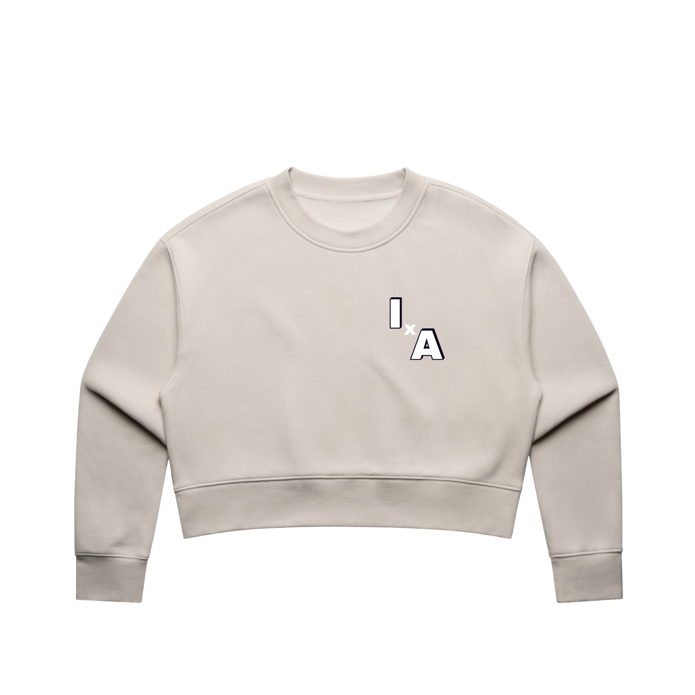 Bone crop sweatshirt with 'IA' logo on a white background