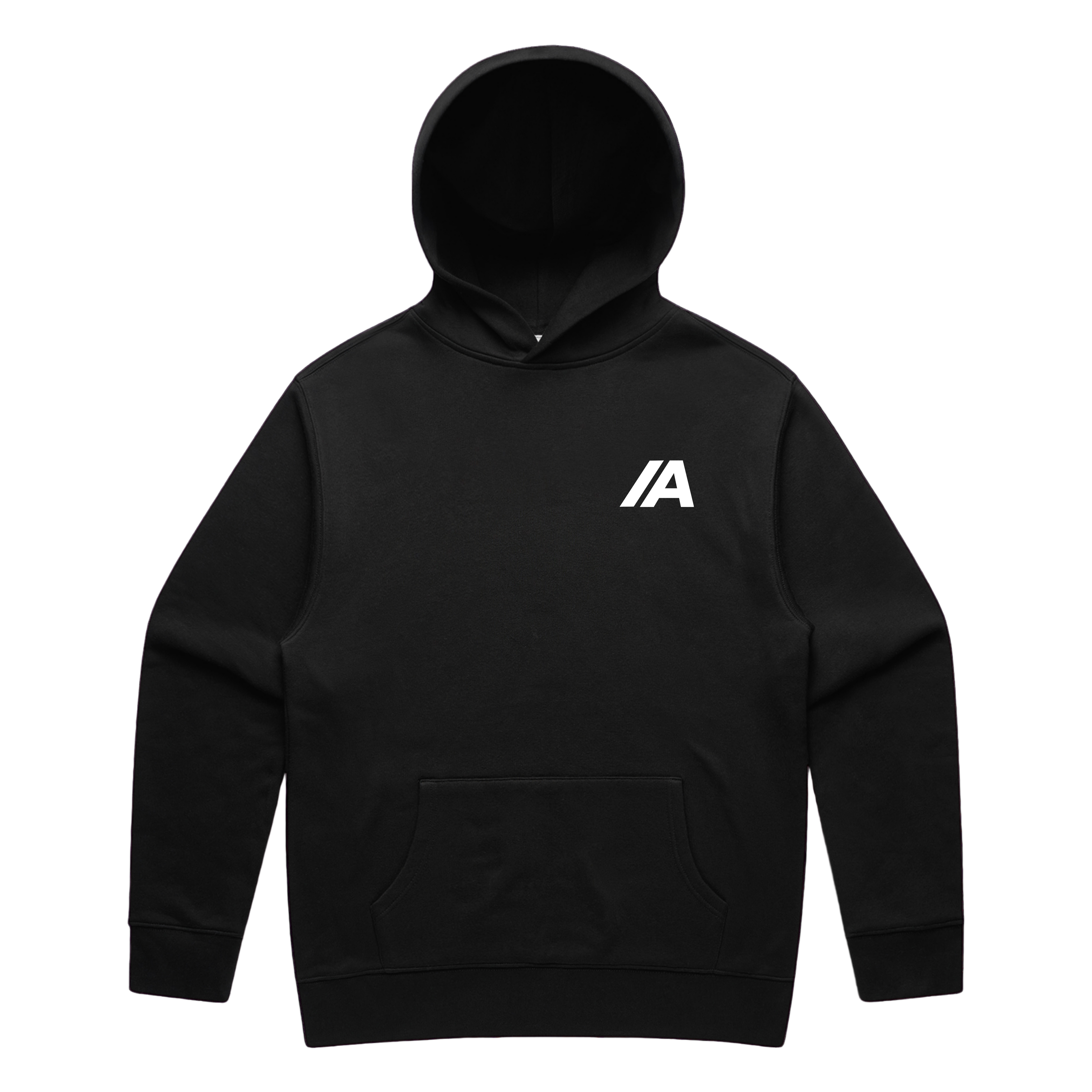 Black hoodie with a white "IA" logo on a white background