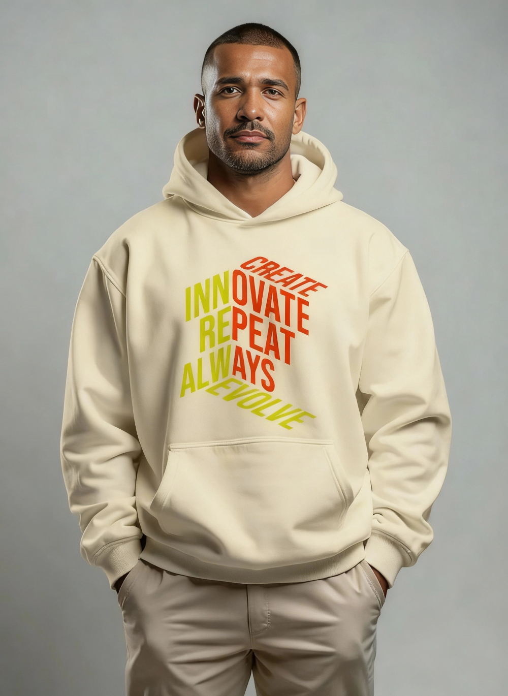 Man wearing a butter hoodie with puzzle text on a gray background