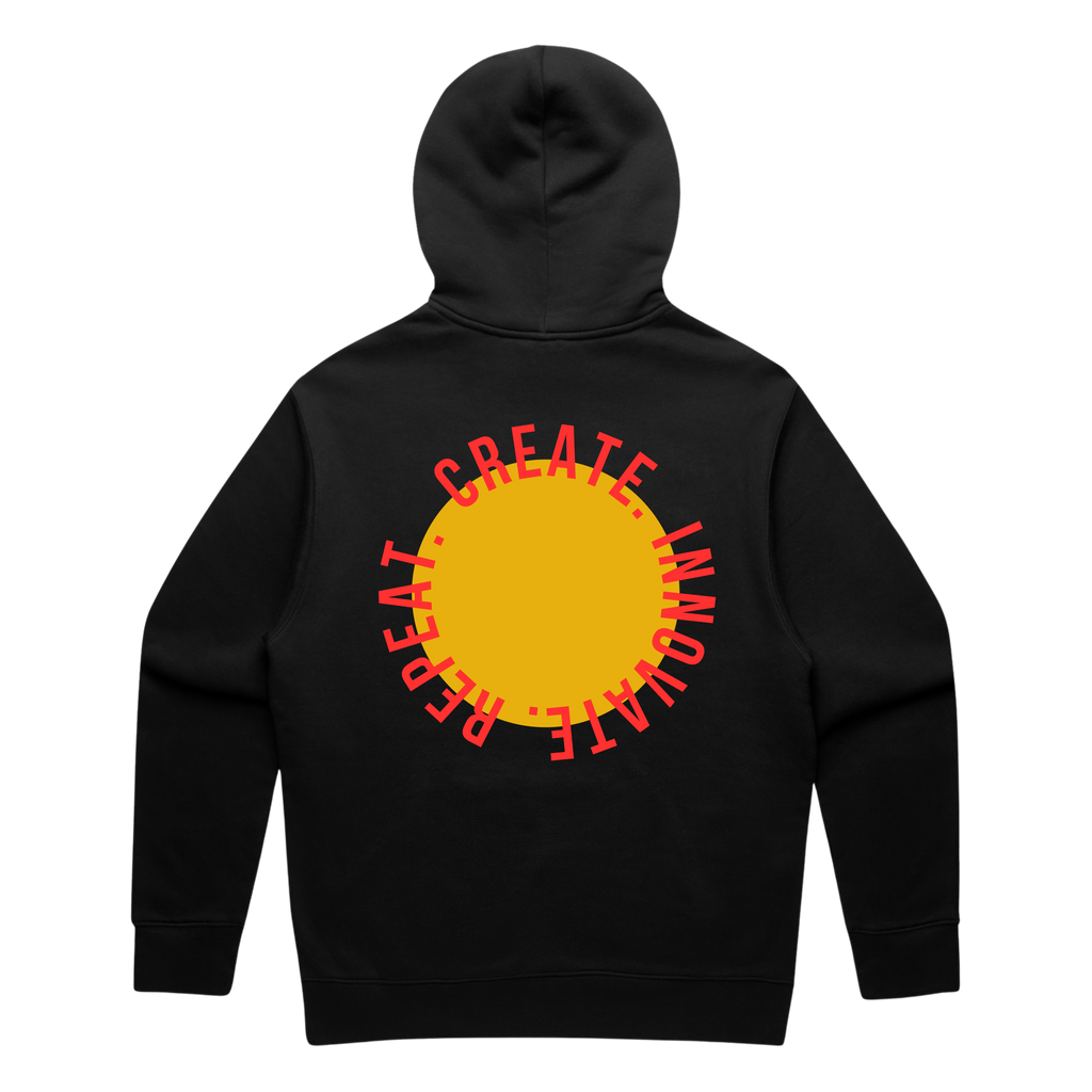 Black hoodie with red text 'CREATE INNOVATE REPEAT' on a white background
